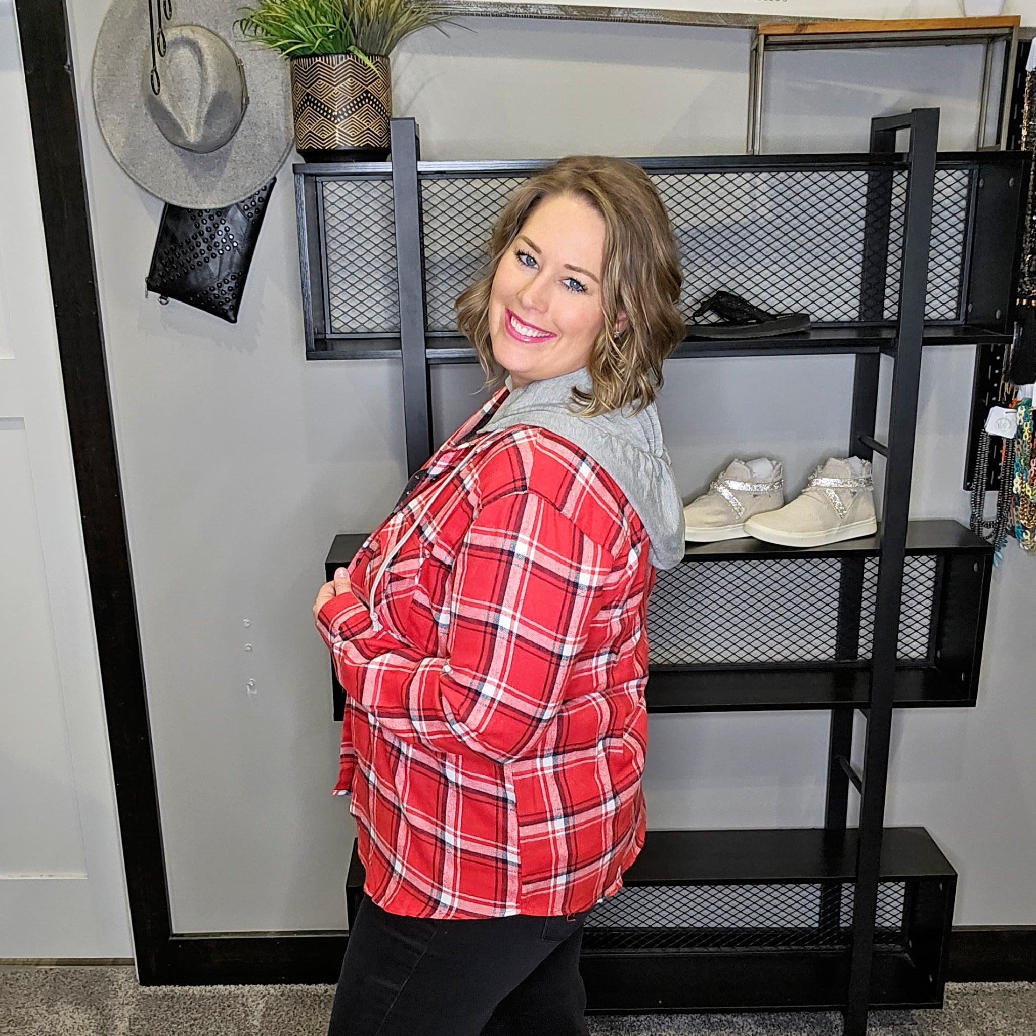 Living Out Loud Plaid Shacket - Red/White