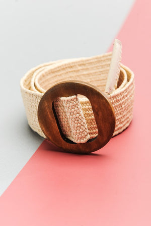 Wooden Buckle Rattan Stretch Waist Belt - Ivory