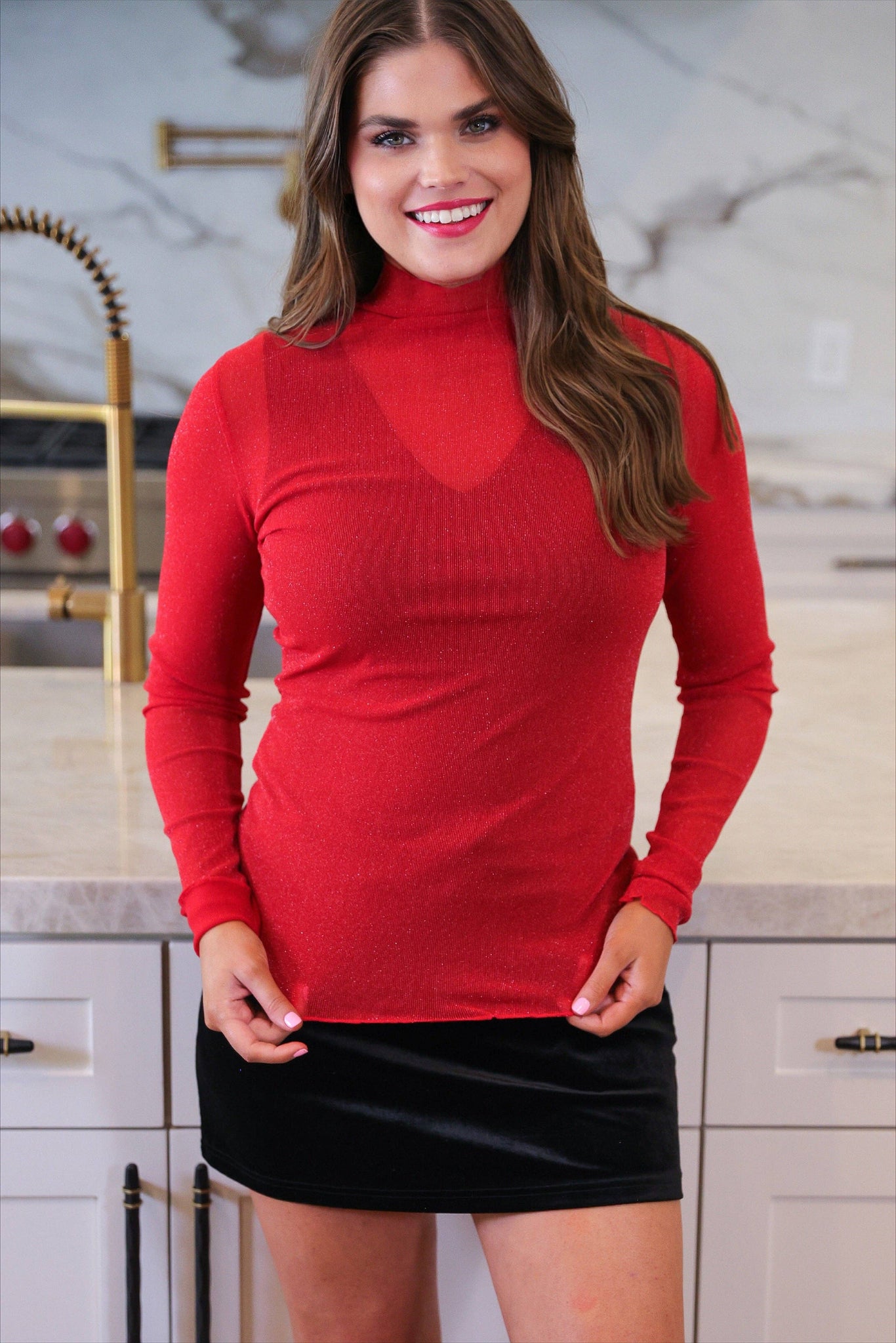 Keigan Red Glitter Mesh Top