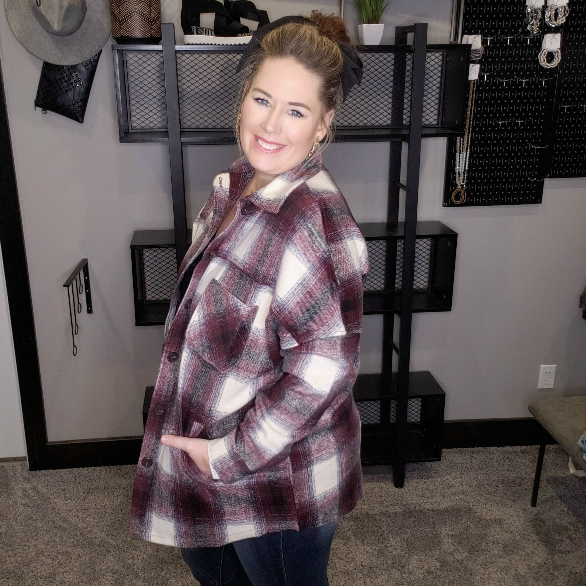 Simple Life Plaid Shacket - Burgundy