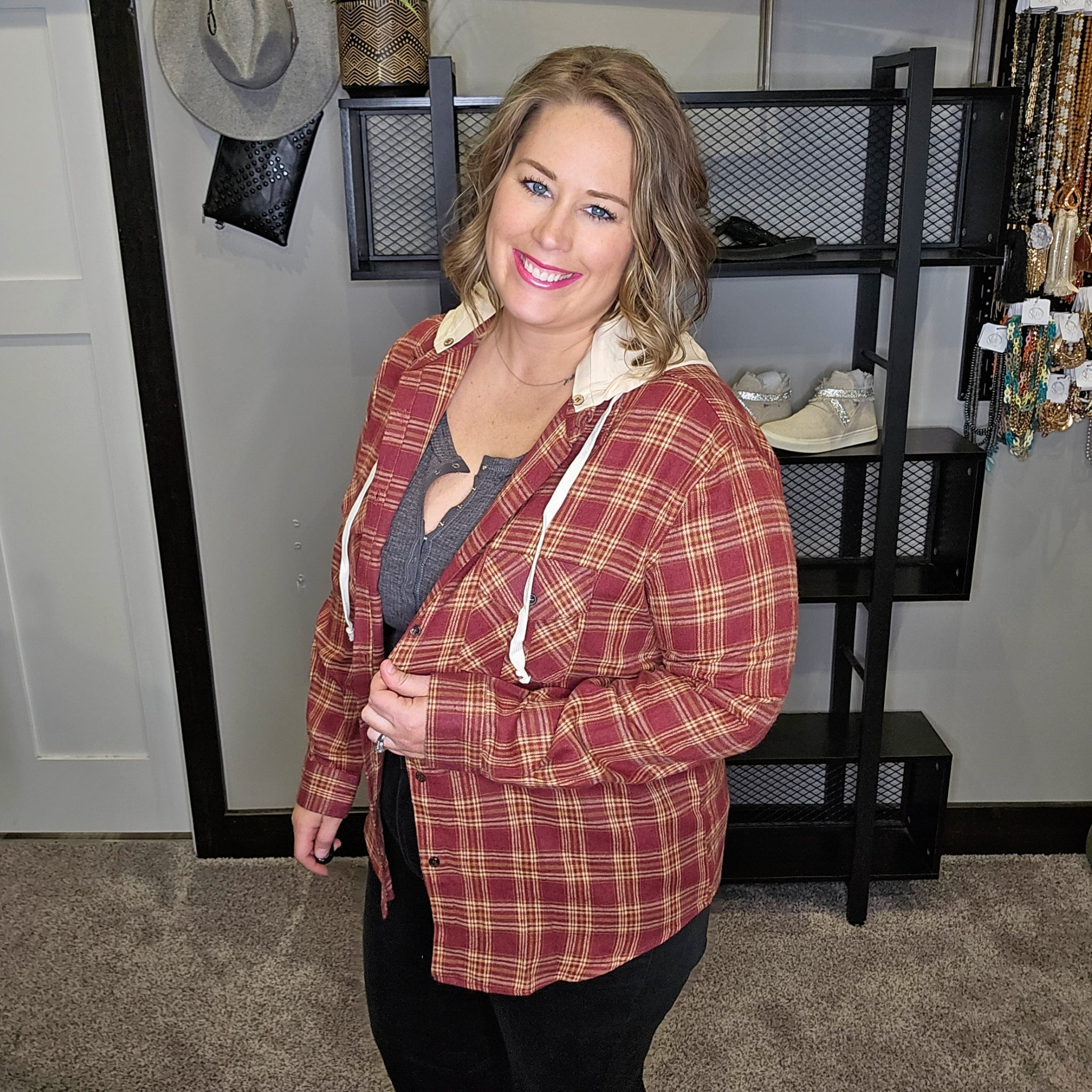 Living Out Loud Plaid Shacket - Burgundy/Taupe