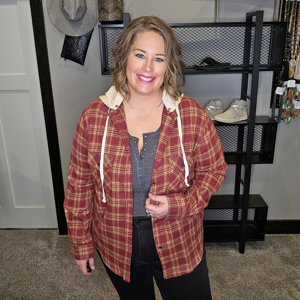 Living Out Loud Plaid Shacket - Burgundy/Taupe