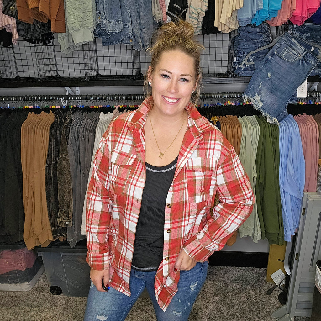 Red Plaid Button-Up Top