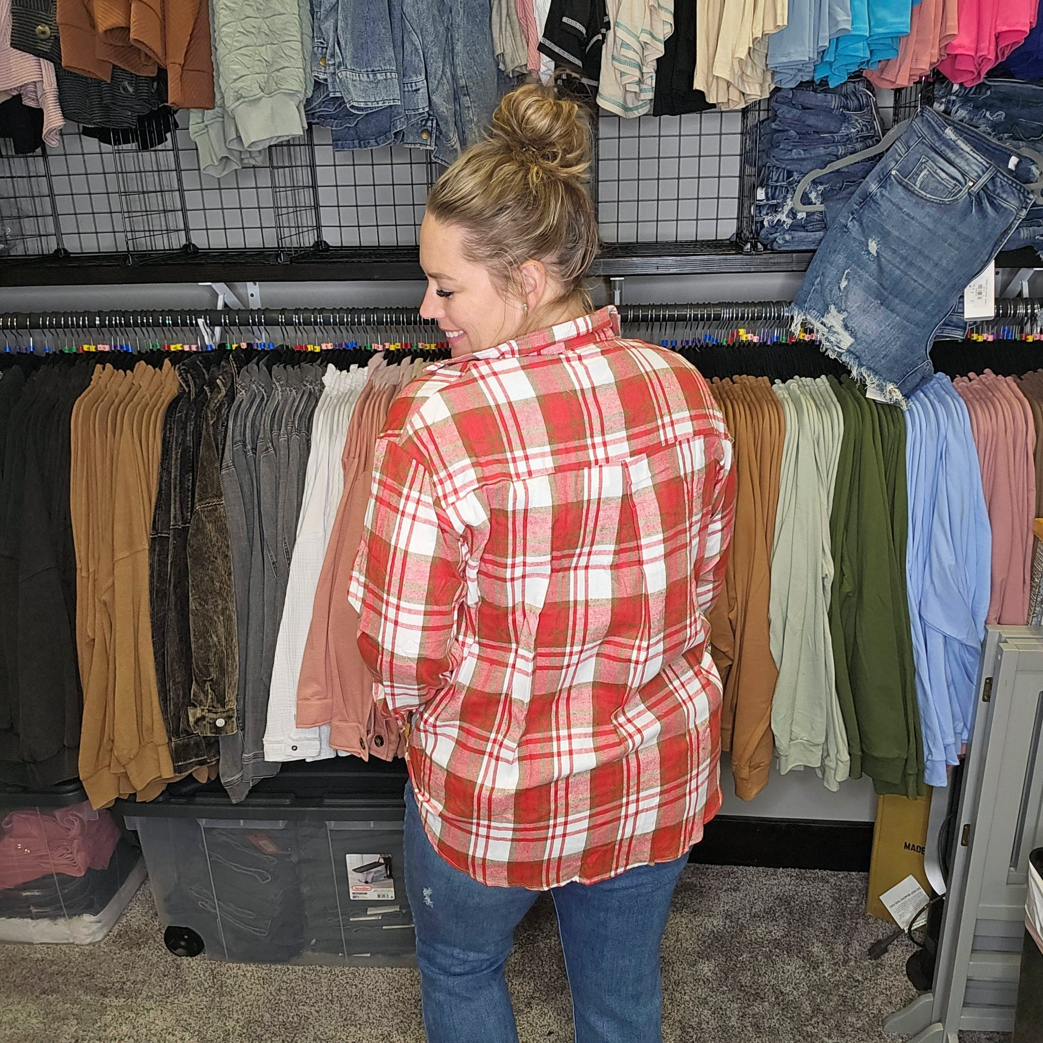 Red Plaid Button-Up Top