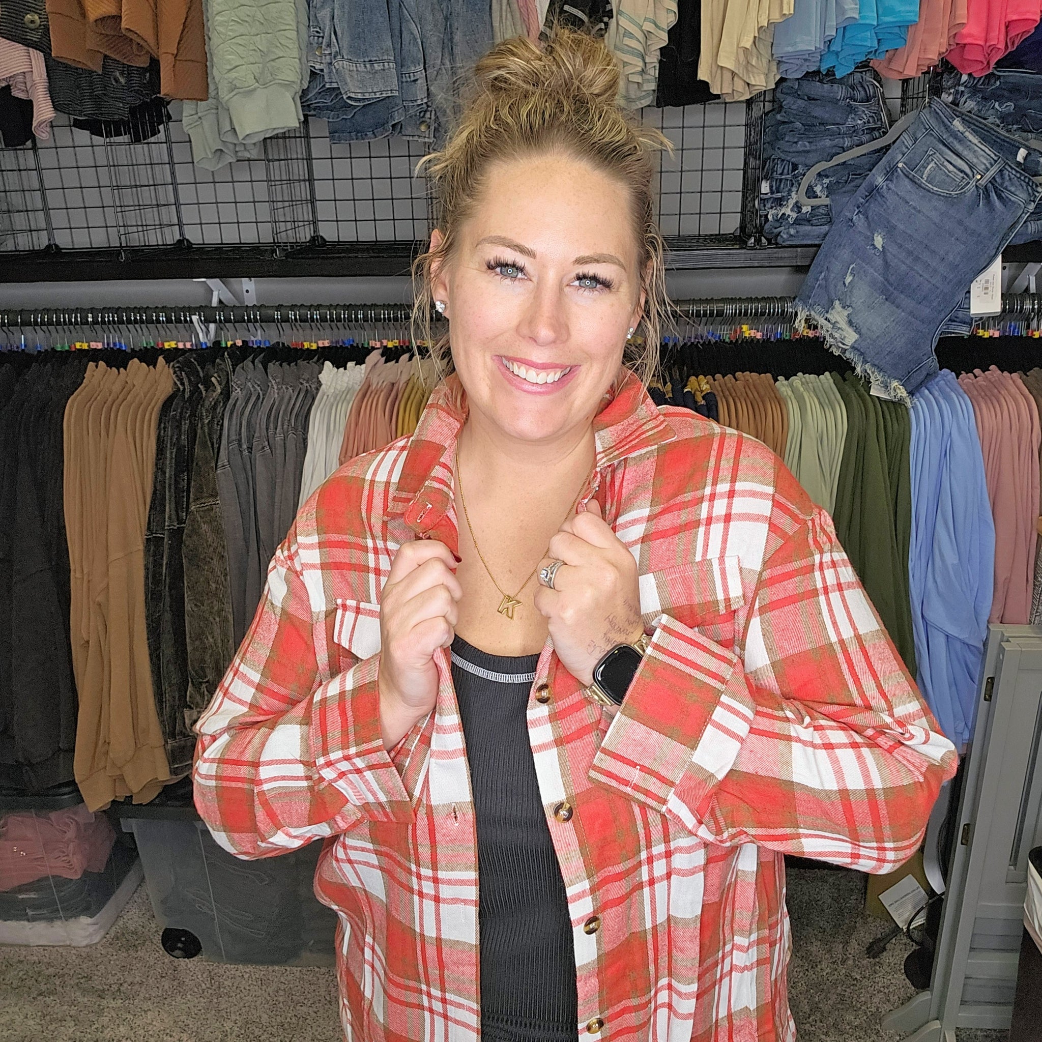 Red Plaid Button-Up Top