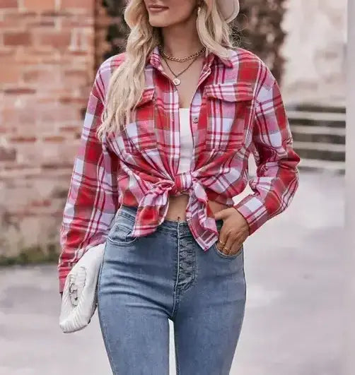 Red Plaid Button-Up Top