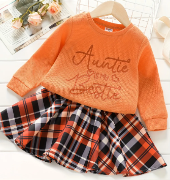 KIDS - Auntie is My Bestie Pullover with Plaid Skirt - Baby/Toddler/Kid