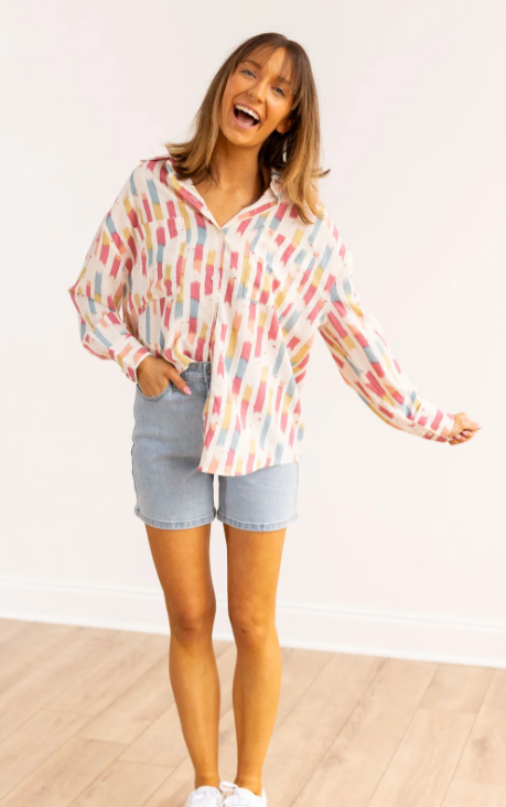 Watercolor Stripe Button Down Top