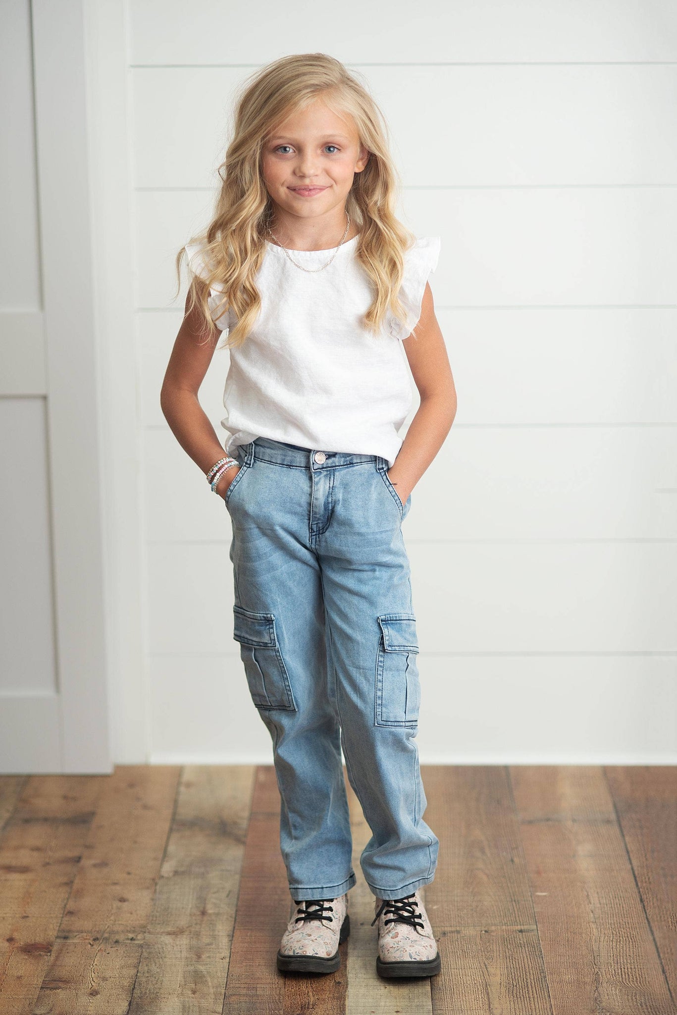 KIDS - Faded Denim Cargo Jean Pants - Kids