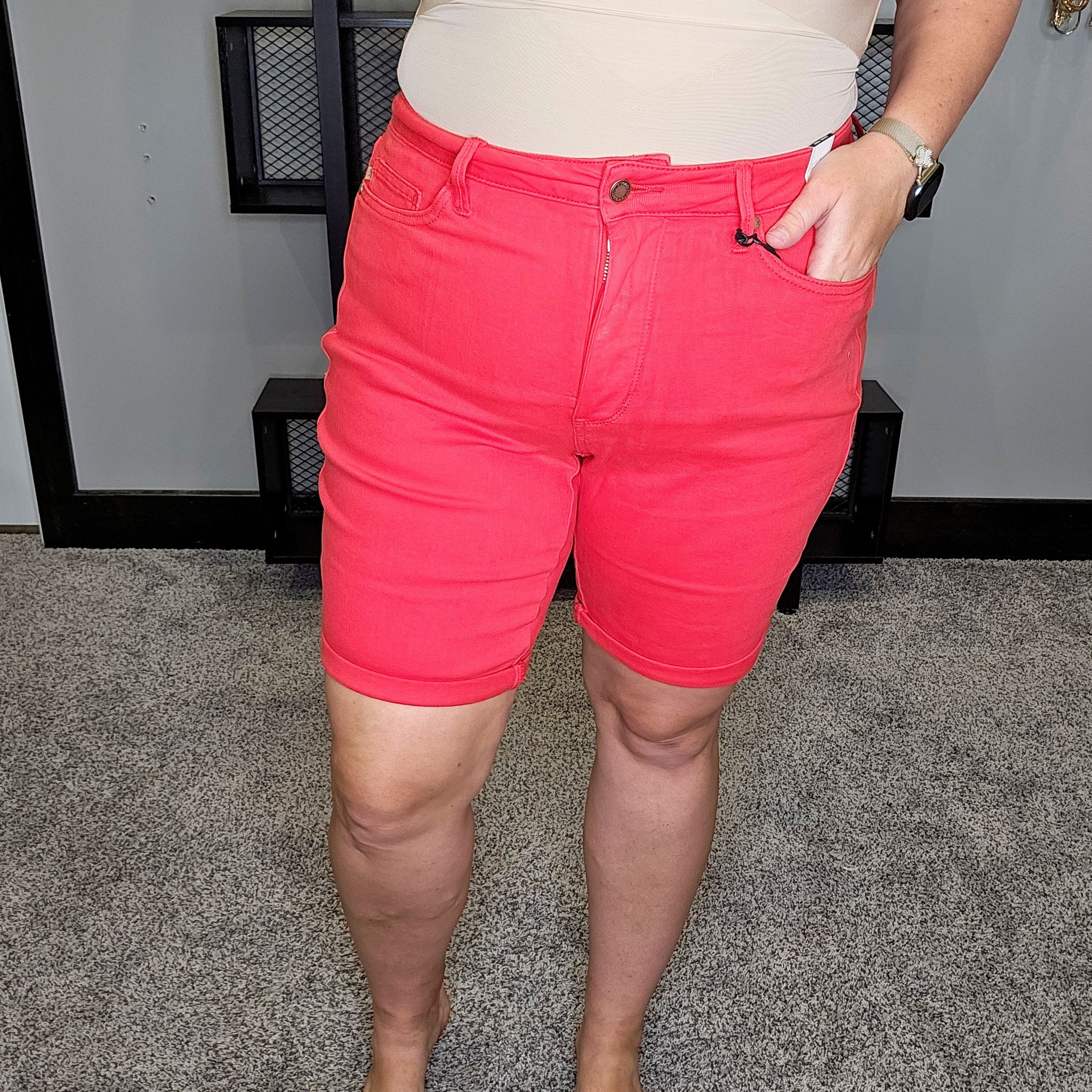 Jackson Tummy Control Red Denim Shorts - Judy Blue