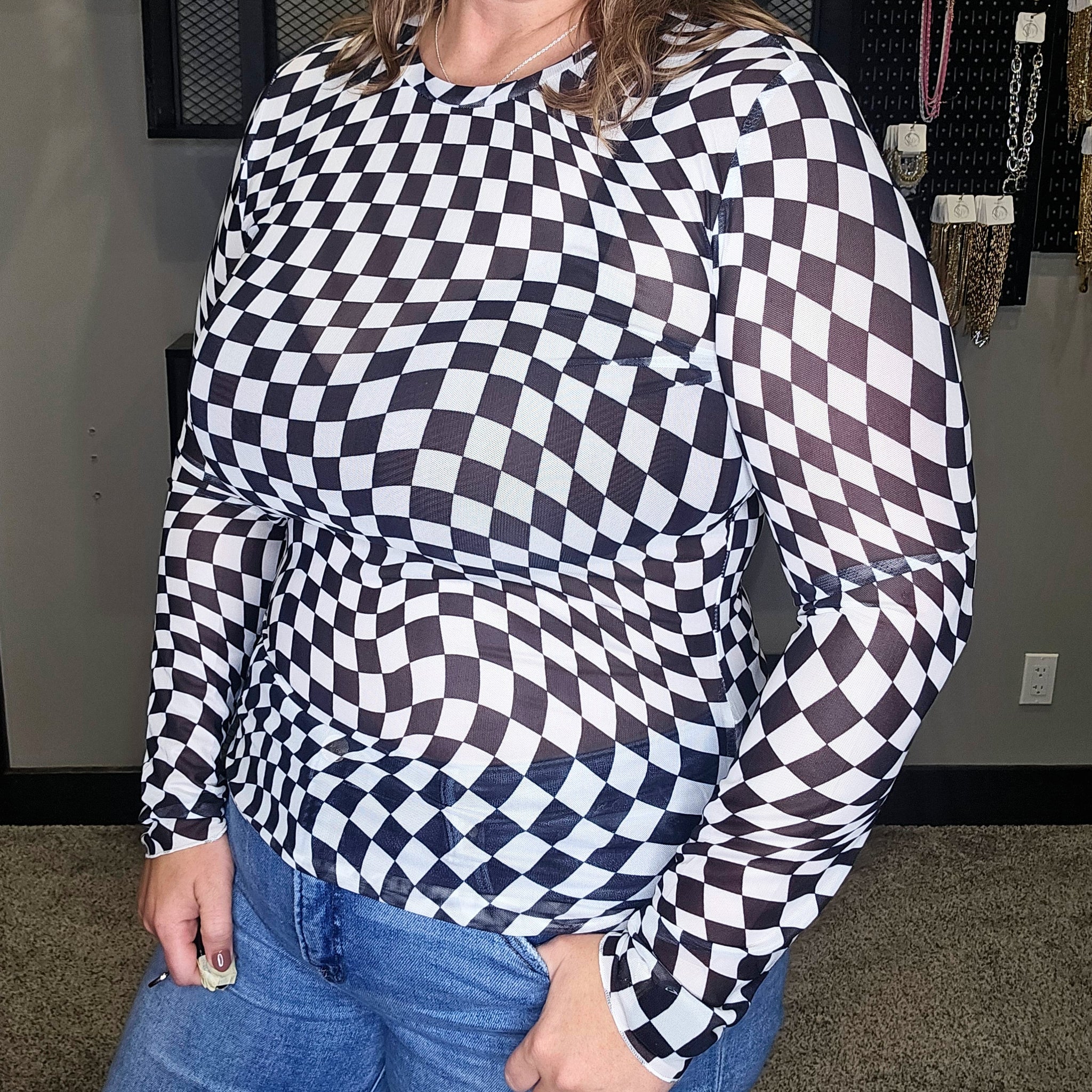 Crazy Checkered Mesh Top