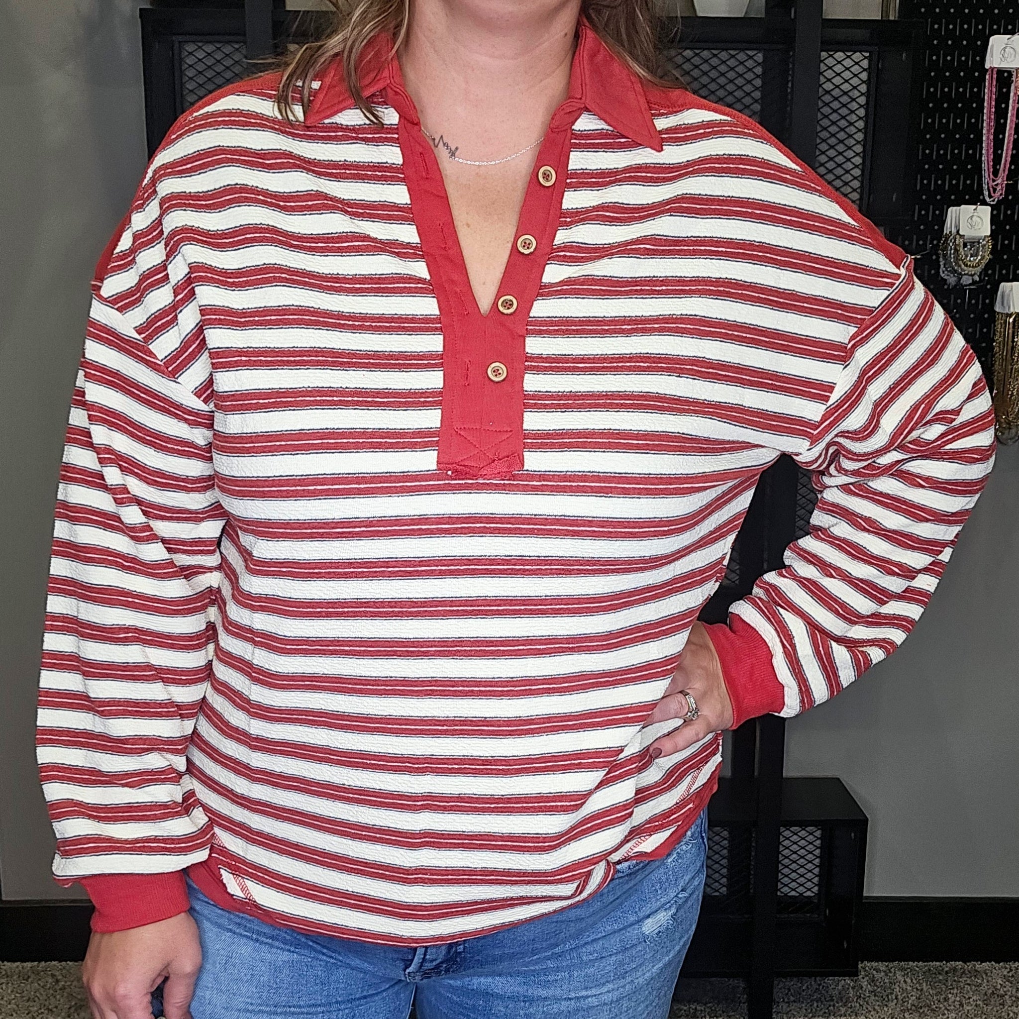 Red Stripe Collared Top