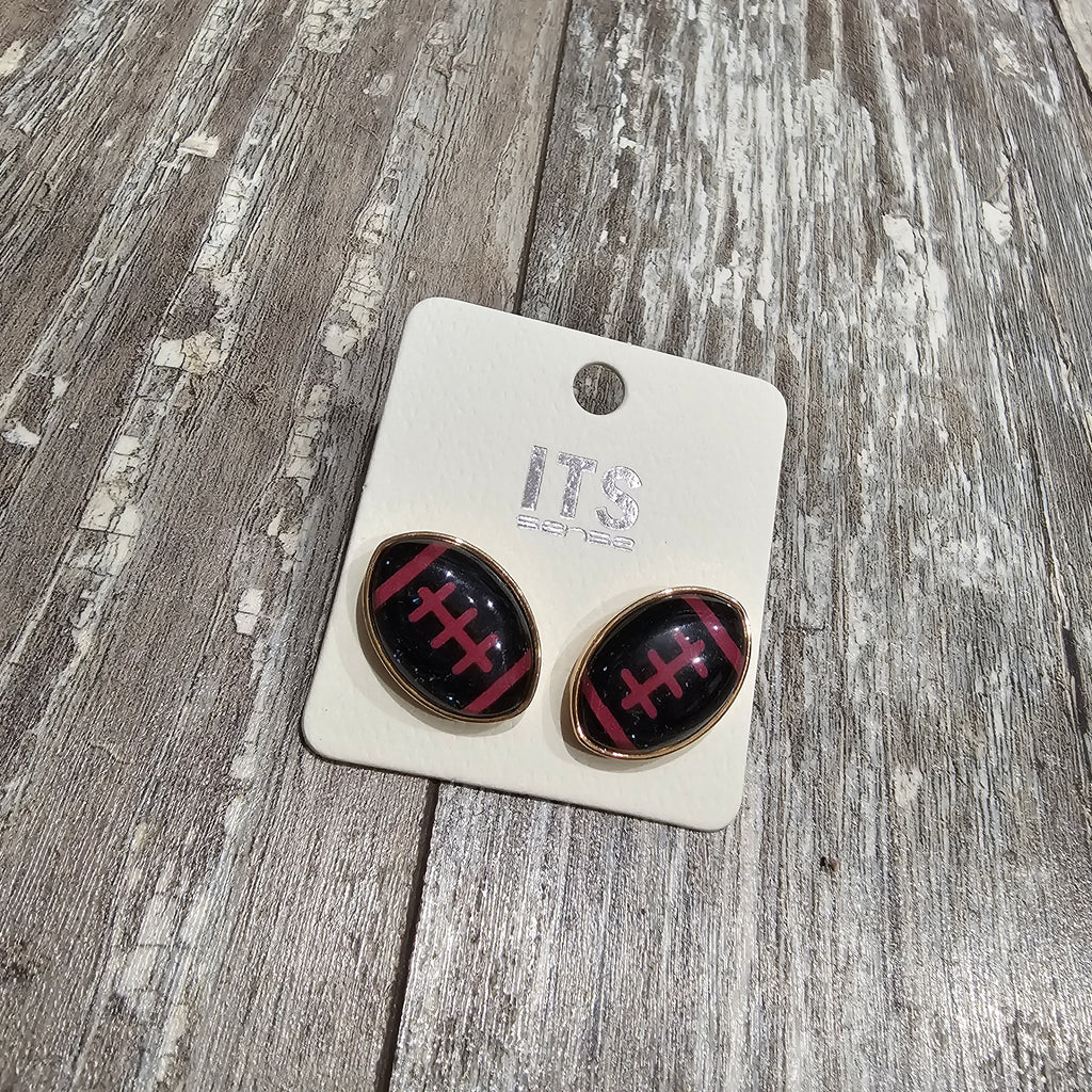 Glitter Football Earrings - Black/Maroon