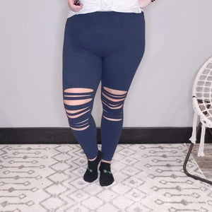 Navy Shredded Knee Laser-Cut Leggings