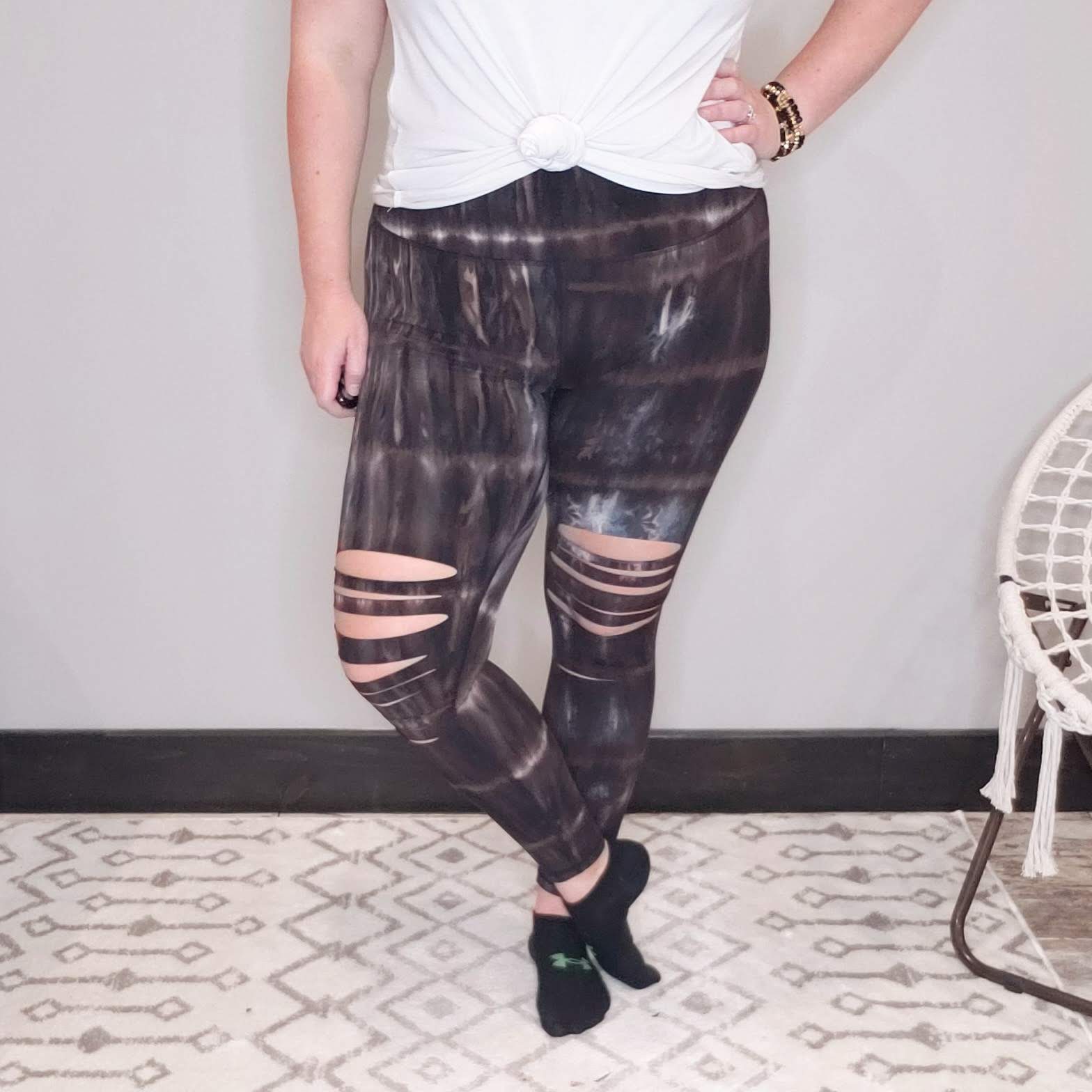 Tie Dyed Shredded Knee Laser-Cut Leggings