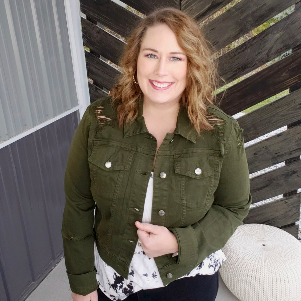 The Willow Distressed Denim Jacket - Olive