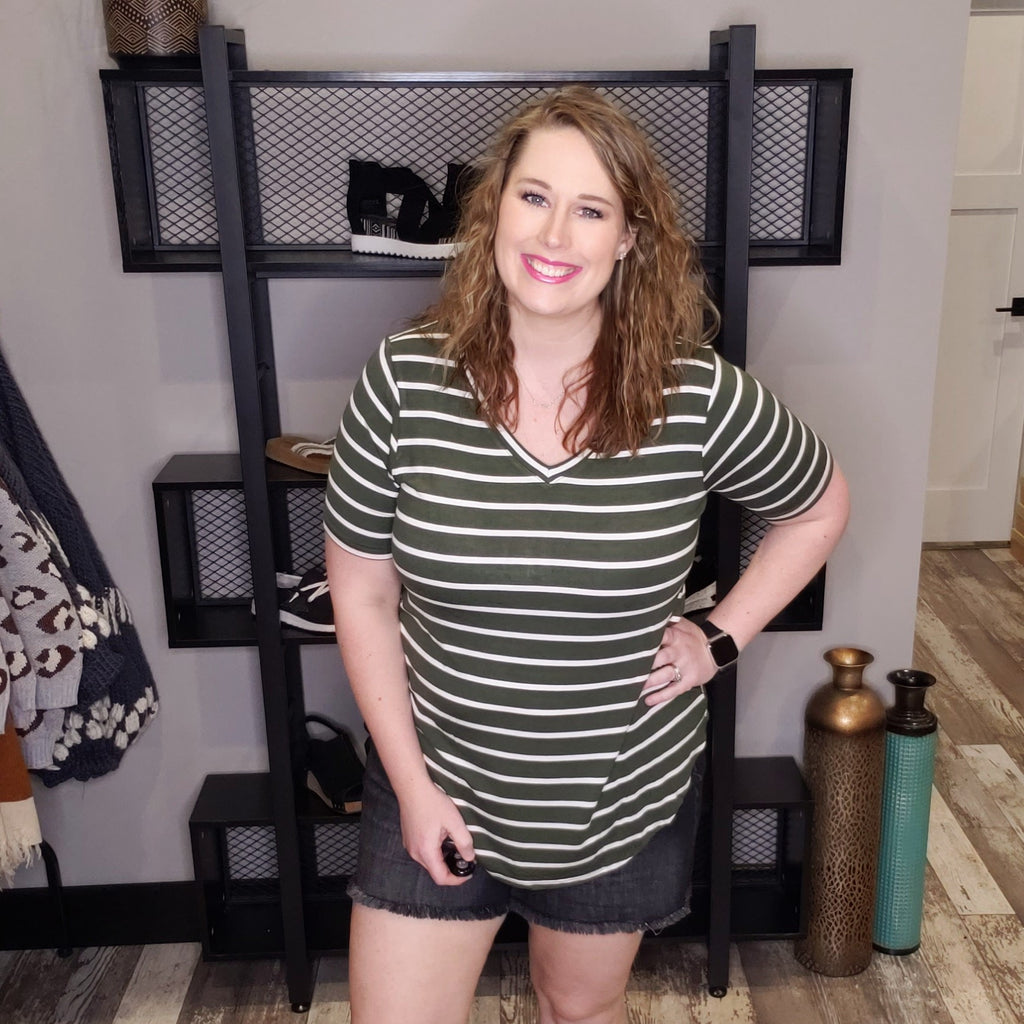 Stripe It Basic Top - Army Green/Ivory