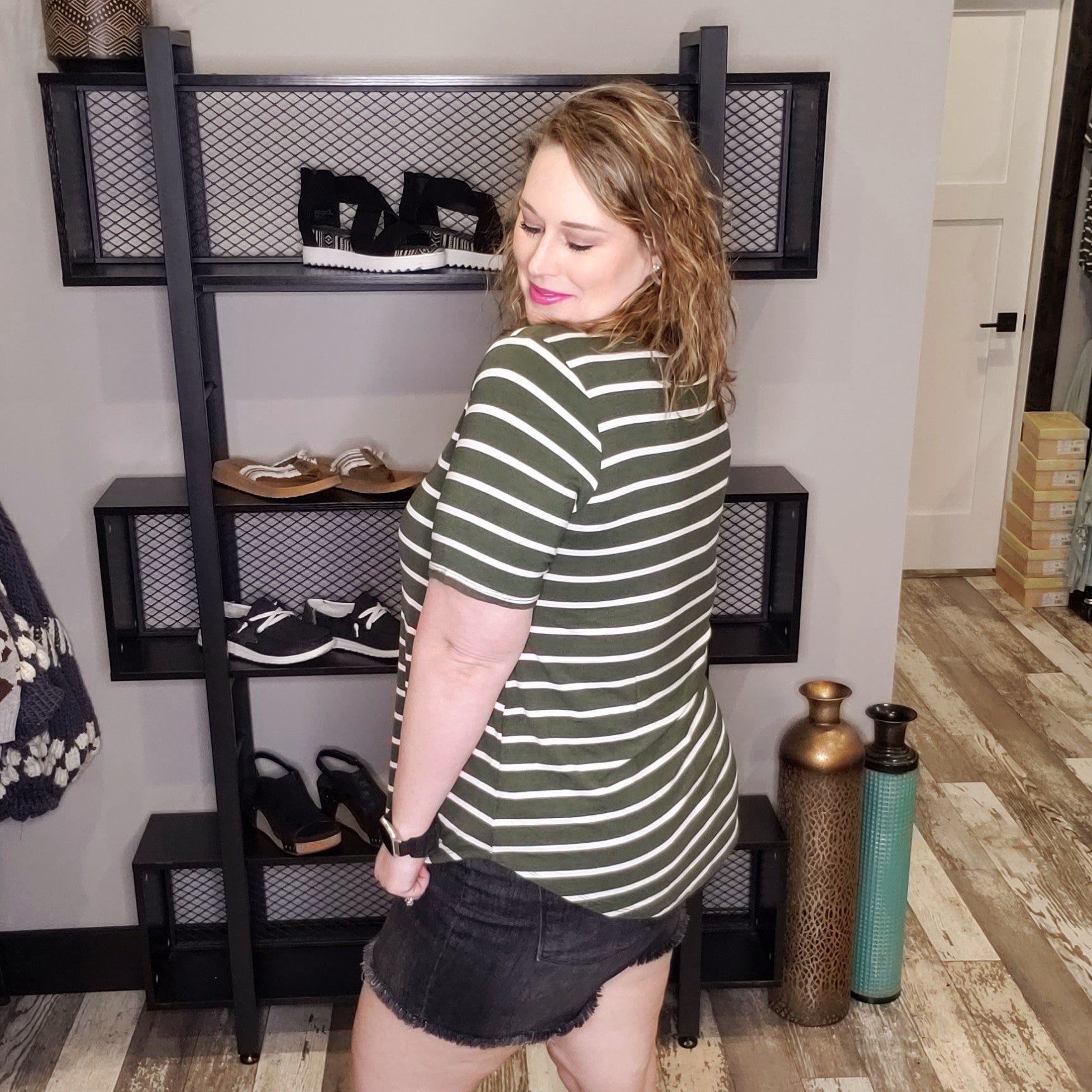 Stripe It Basic Top - Army Green/Ivory