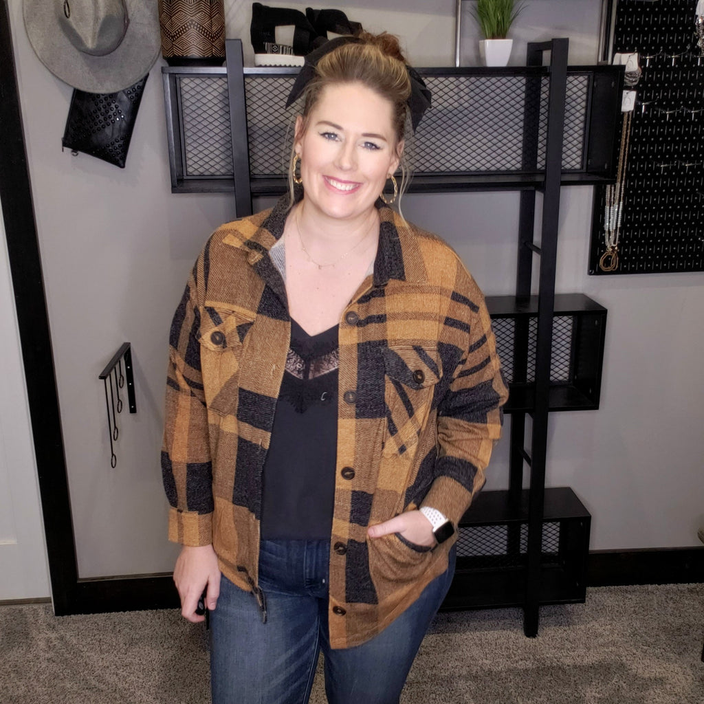 Understated Happiness Plaid Shacket - Camel