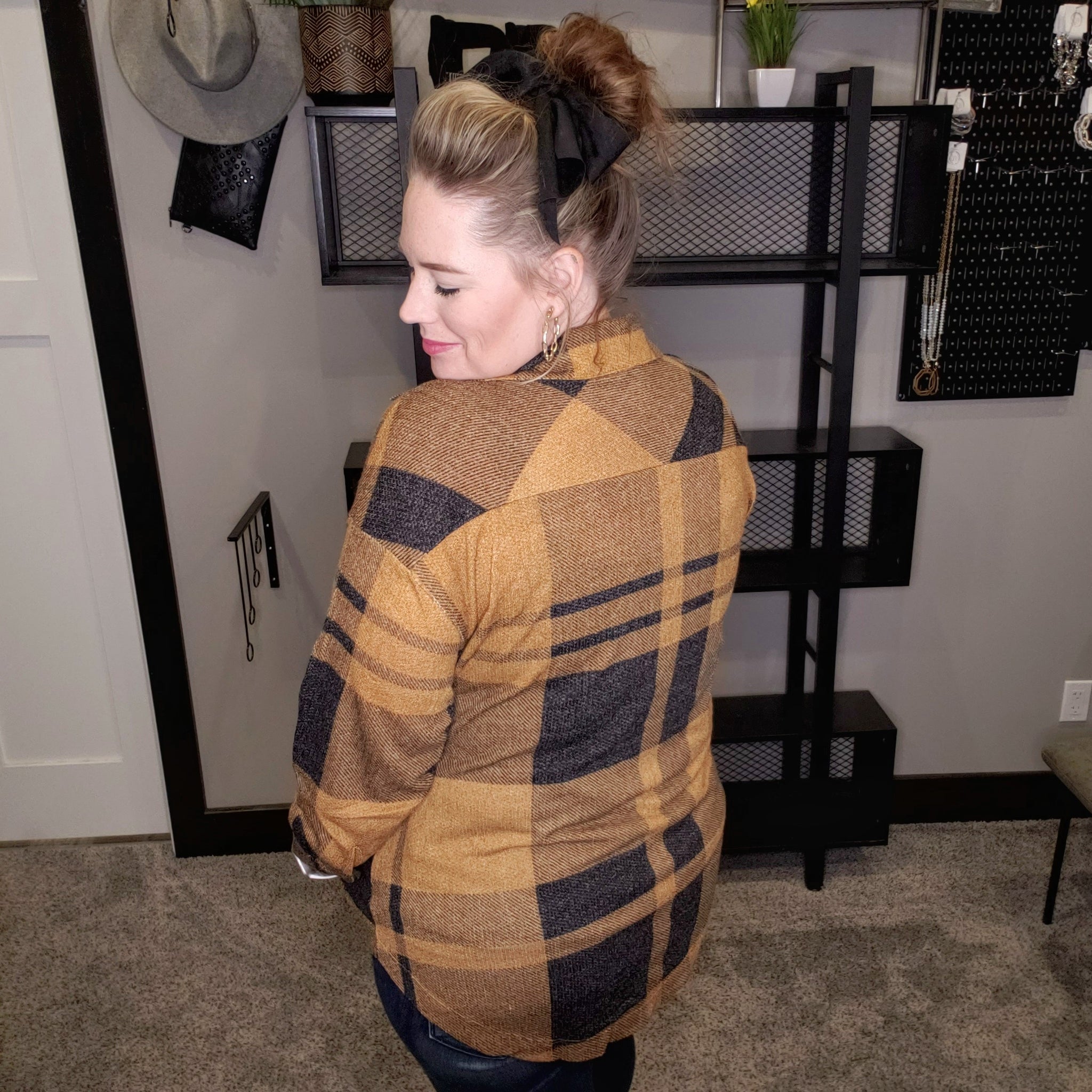 Understated Happiness Plaid Shacket - Camel